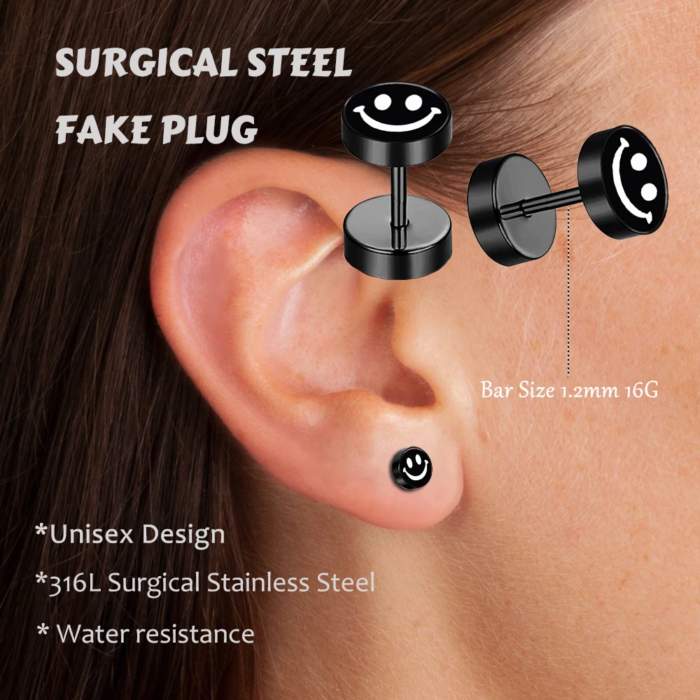 

1Pc Stainless Steel Black Logo Ear Fake Plug Faux Ear Plug Cartilage Earring Piercing Body Jewellery Men Women16G 6MM 8MM 10MM