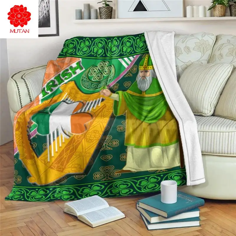 

Saint Patrick with Shamrock and Traditional Harp Flannel Blanket 3D Kids Quilt Home Life Travel Airplane Portable Throw Blanket