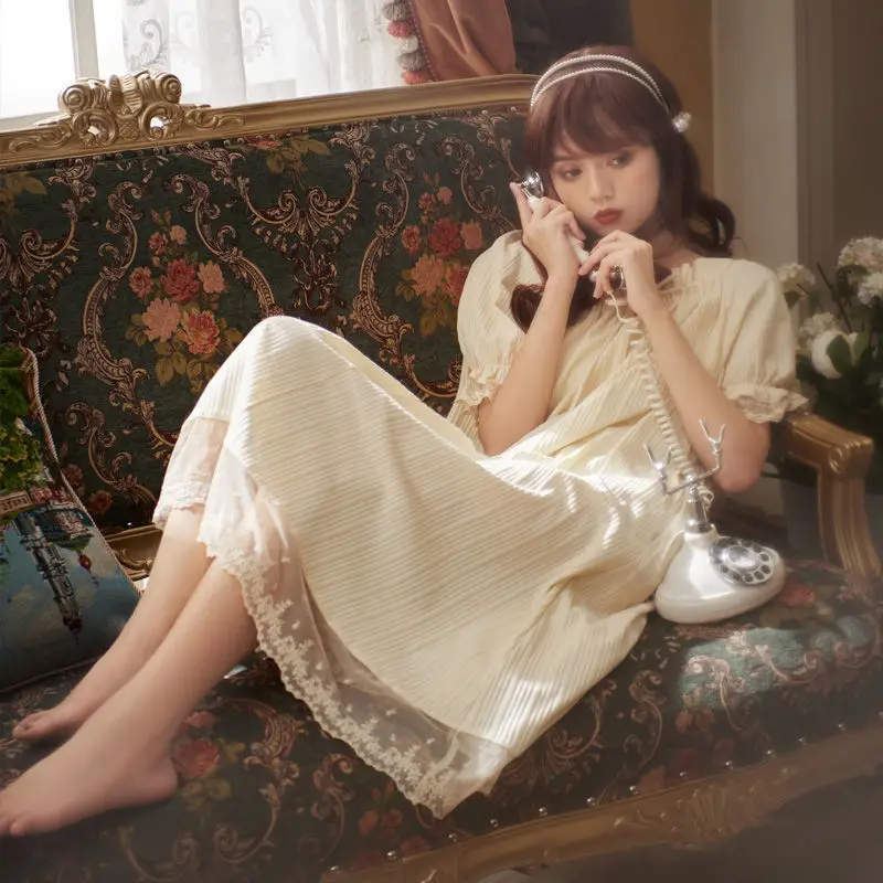 Princess Style Nightdress for Women 2021 New Summer Kawaii Lace Night Gown Sweet Plus Size Dress Calf Nightwear Ruffles Homewear