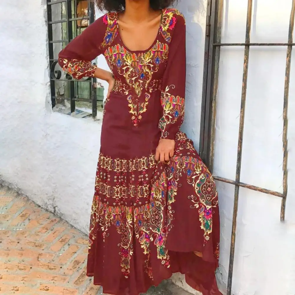 

2022 Boho Long Dress for Women Vintage Print Large Hem Spring Summer Sexy Pleated Elegant Maxi Dress for Party