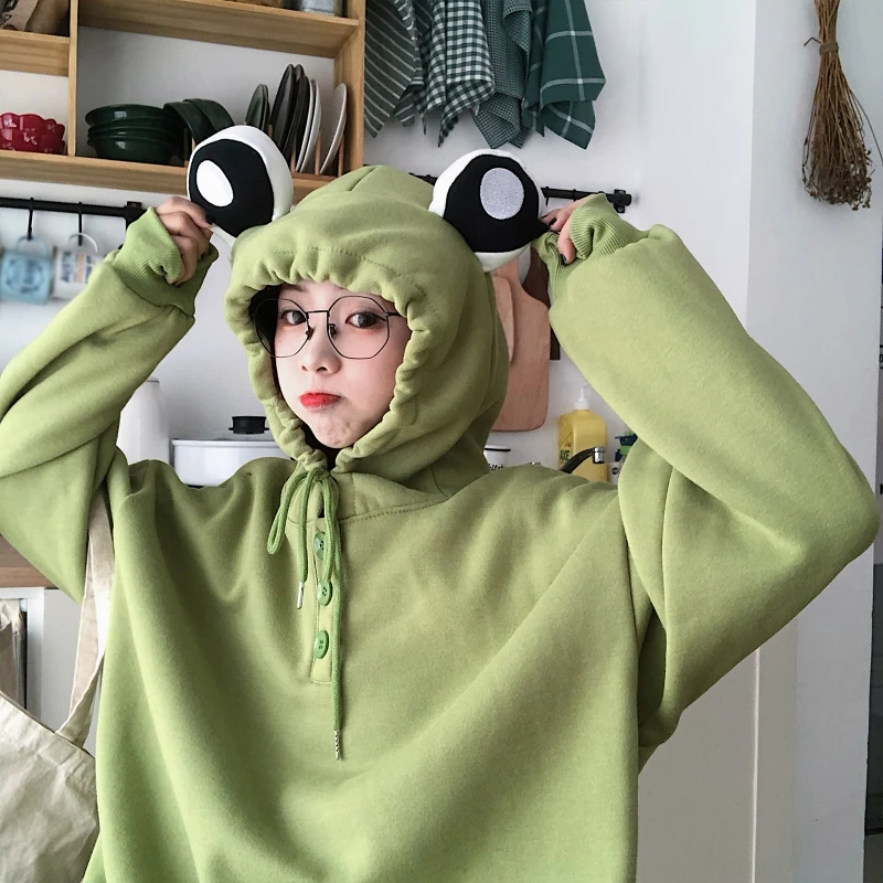 

Women Autumn Cute Cartoon Frog Eyes Hoodies Harajuku Oversized Loose Plus Velvet Green Drawstring Sweatshirt 3 Buttons Up Tops