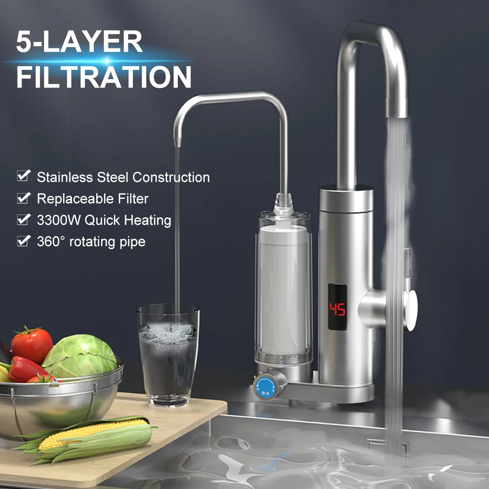 

3300W Electric Hot Water Heater Filter Faucet Fast Heating 5-Stage Water Filter With Temp Digital Display For Kitchen Bathroom