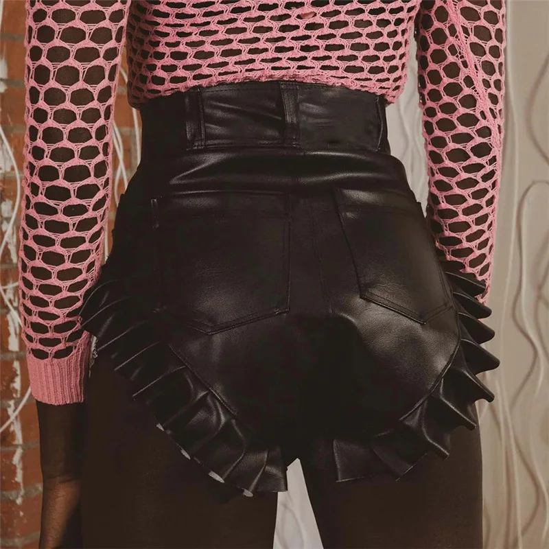 

Женские шорты из искусственной кожи с высокой талией, однотонные сексуальные шорты из искусственной кожи на молнии с оборками, модель K22P14277