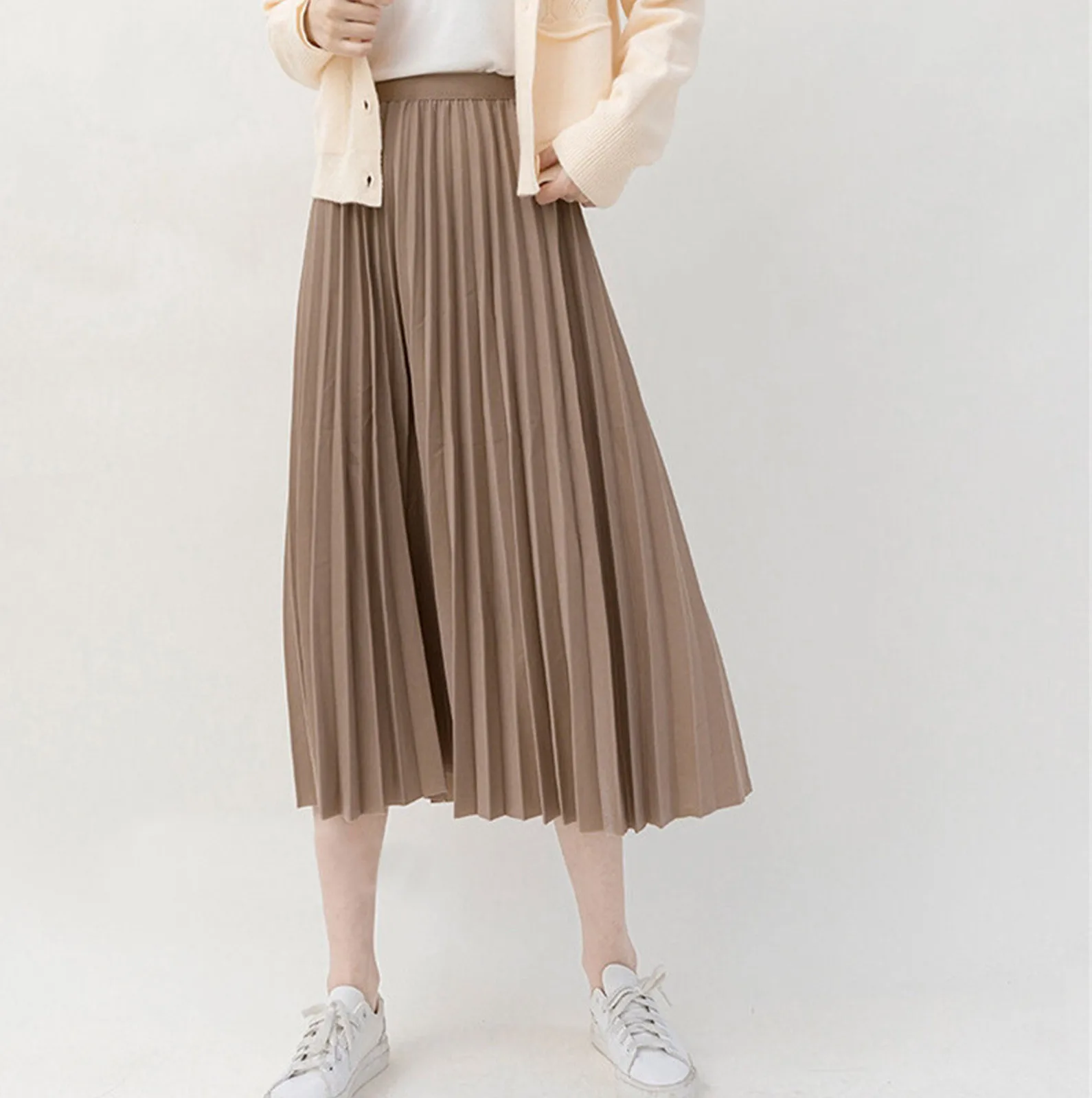 

Lady Loose High Quality Long Skirt Adult Pleated Skirt Elegant Chic Solid Pleated Skirt High Waist Luxury Fashion With Elastic