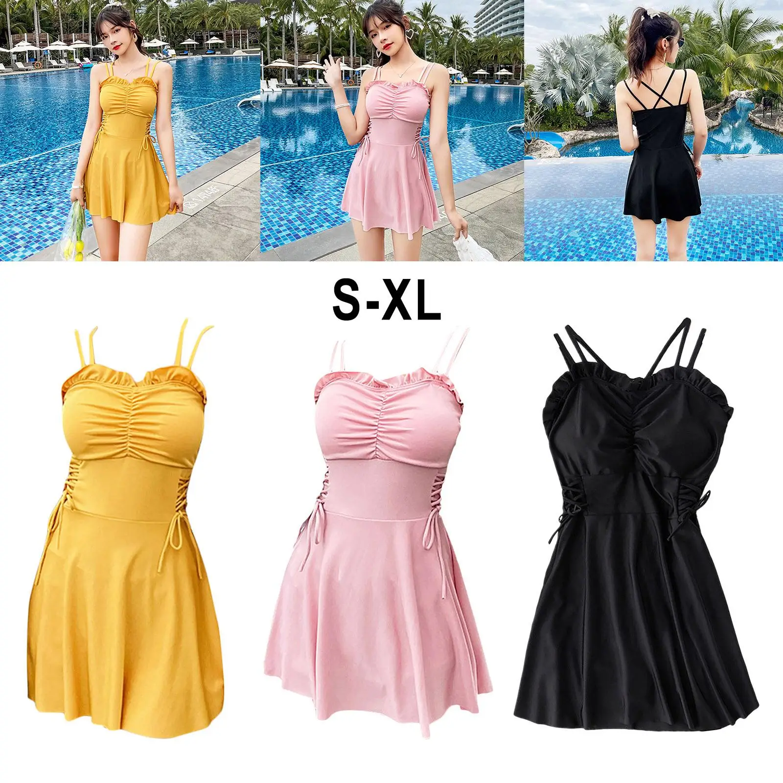 

Women's Summer Bathing Suit Push Up One Piece Swimsuit Solid Color Swimwear Bodysuit Women with Skirt Swim Suit Dress