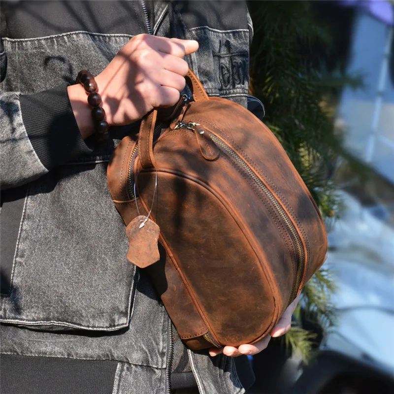 Retro Fashion High Quality Crazy Horse cowhide Men's Brown Clutch Outdoor Daily Ladies genuine Leather Cosmetic Bag Women