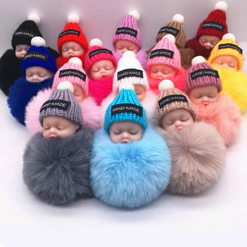 

Fashion Colorful Sleeping Baby Doll Hanging Piece Hair Ball Pendant Cute Fluffy Pompom Chain Cotton Wool Bag Ball Souvenir