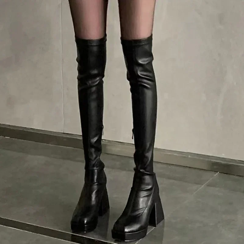 

Женские сапоги, зимние черные длинные сапоги, модные сапоги выше колена на молнии, на высоком устойчивом каблуке, женские элегантные современные сапоги, 2023