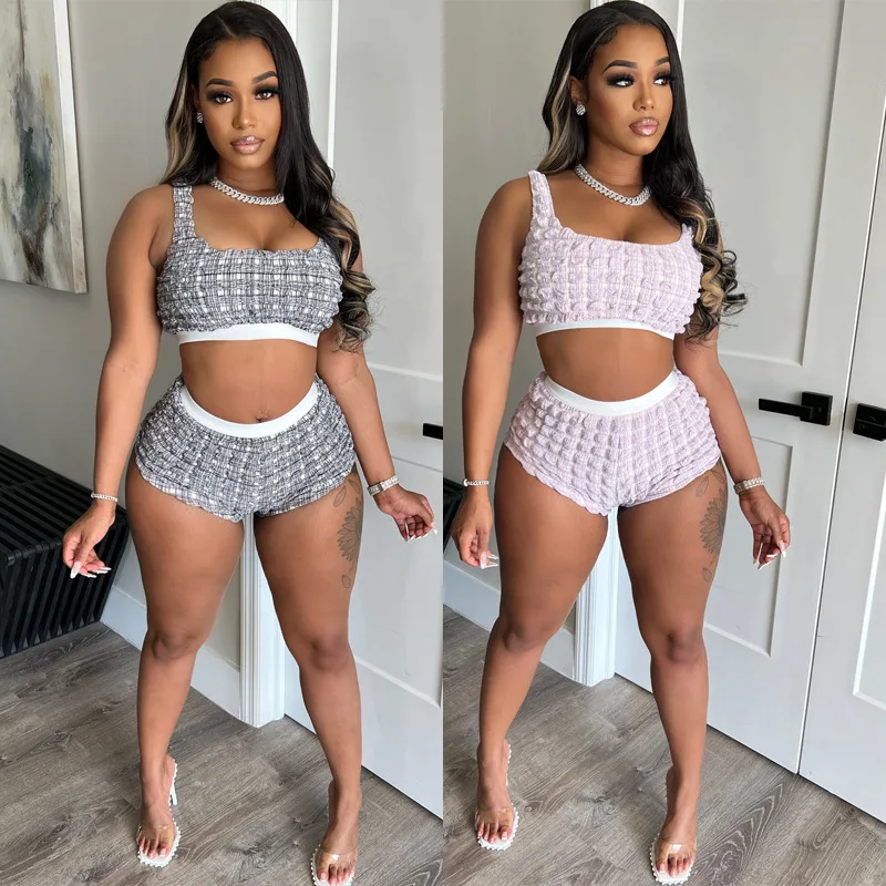 

Women Summer Sexy O Neck Sleeveless Crop Top + Shorts Club Two Piece Set Outfits Casual Streetwear Pleated Short Tracksuit