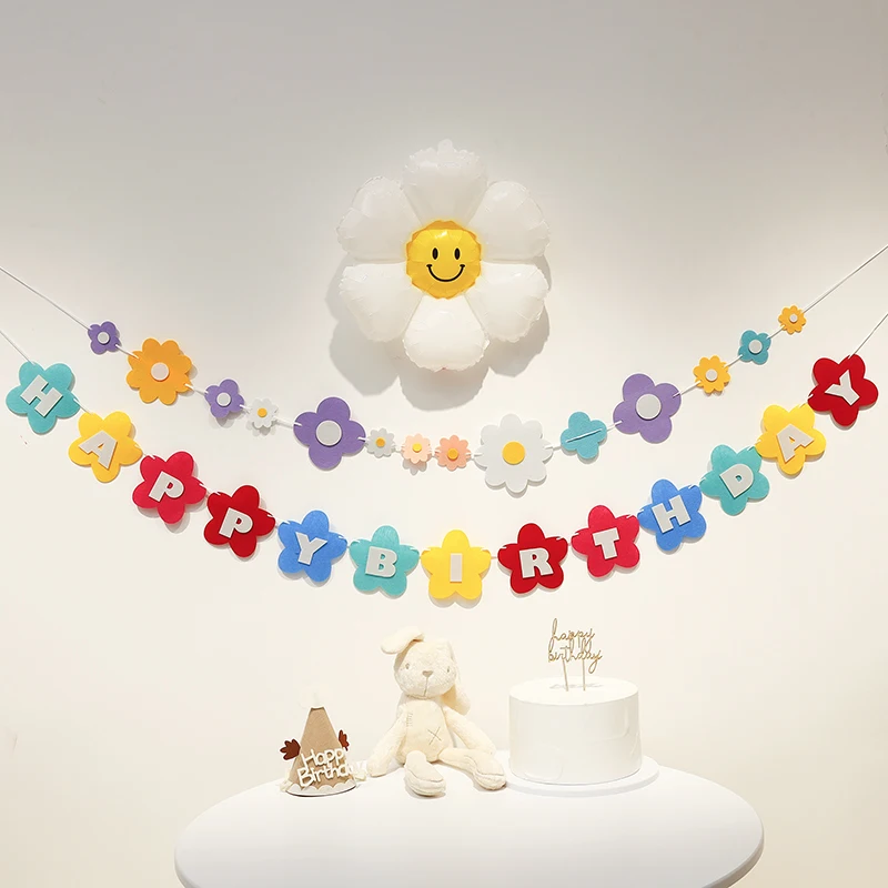 INS Kids Baby Shower Decorations White Daisy Flower Smile Garland Non Woven Bear Flag Balloon Happy Birthday Banner