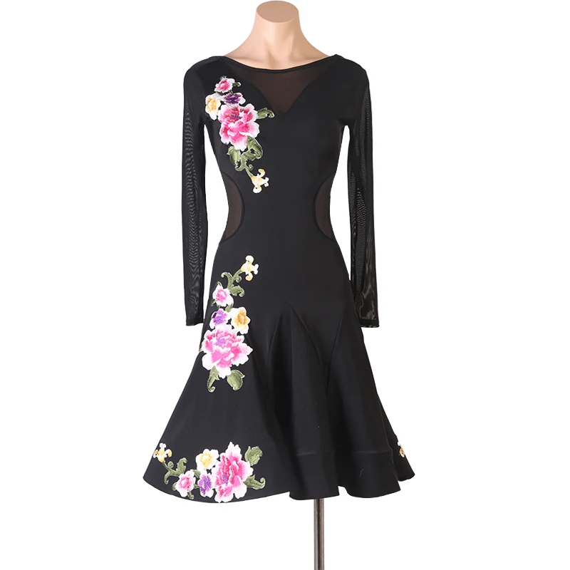 

Long Sleeve Latin Dance Skirt Women Black Printing Rumba Samba Latin Game Dress Adult Latin Competition Dancing Dresses