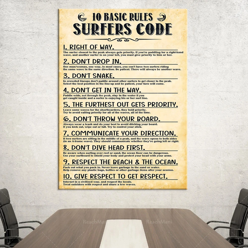 10 основных правил серфинга, кодовый плакат, настенное искусство, домашний декор. Печать серфинга, плакат с основными правилами серфинга