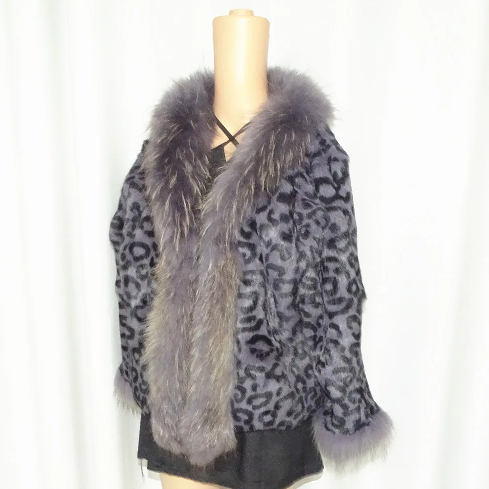 Модное женское меховое пальто с леопардовым принтом из кроличьего меха и