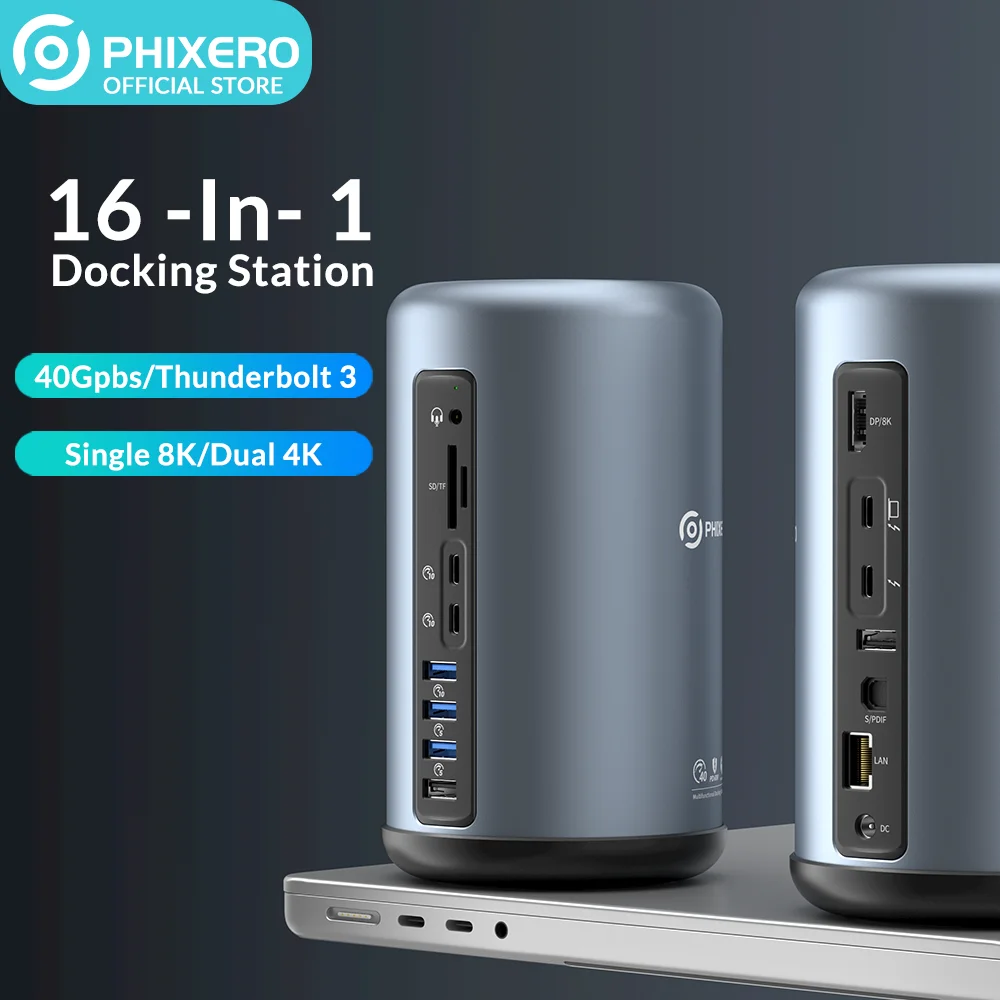 

PHIXERO Thunderbolt 3 Docking Station 40Gbps 16 in 1 Type C to 4K HDMI-compatible Adapter USB 3.0 3.1 HUB Splitter for MacBook