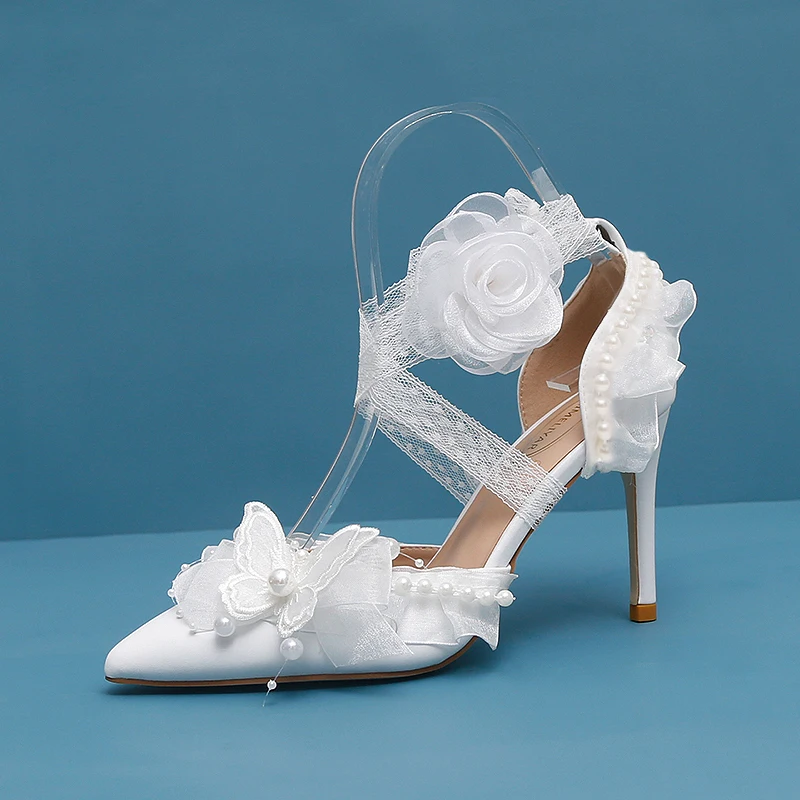 

Lolita Wind Pointed Baotou Hollow Lace Wristband Flower Wedding Lolita Butterfly Pearl High Heel Bridal Shoes Bridesmaid