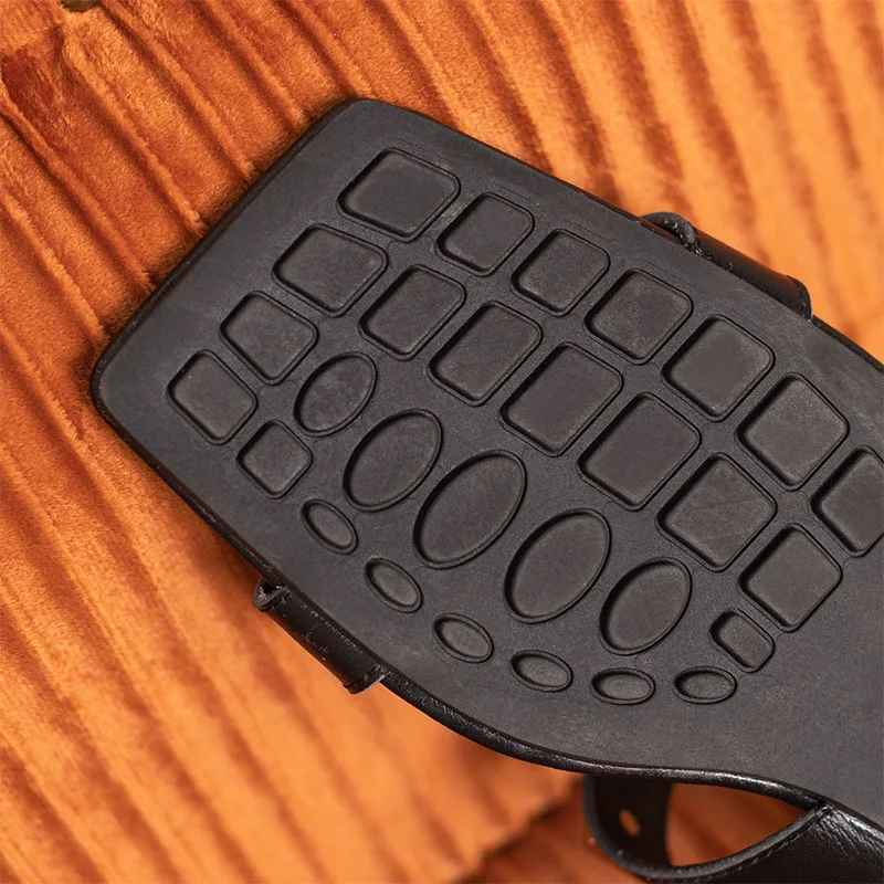 Women Slippers Genuine Leather New 2023 Summer Ladies Square Open Toe Flat Shoe Metal Decoration Sexy Beach Shoes