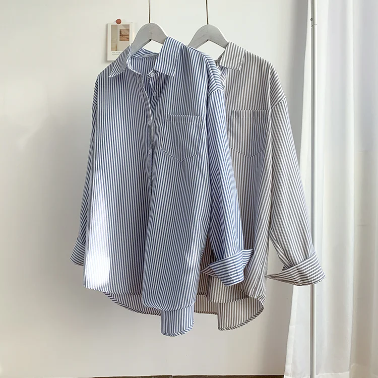 

Long sleeved female blouse, striped female blouse with social buttons 13057