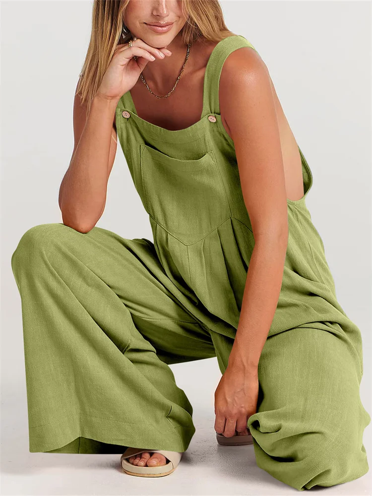 

Women's Fashion New Sling Jumpsuit 2023 Summer Solid Casual One Line Neck Sleeveless Yellow Pocket Pants Wide Leg Pants Female
