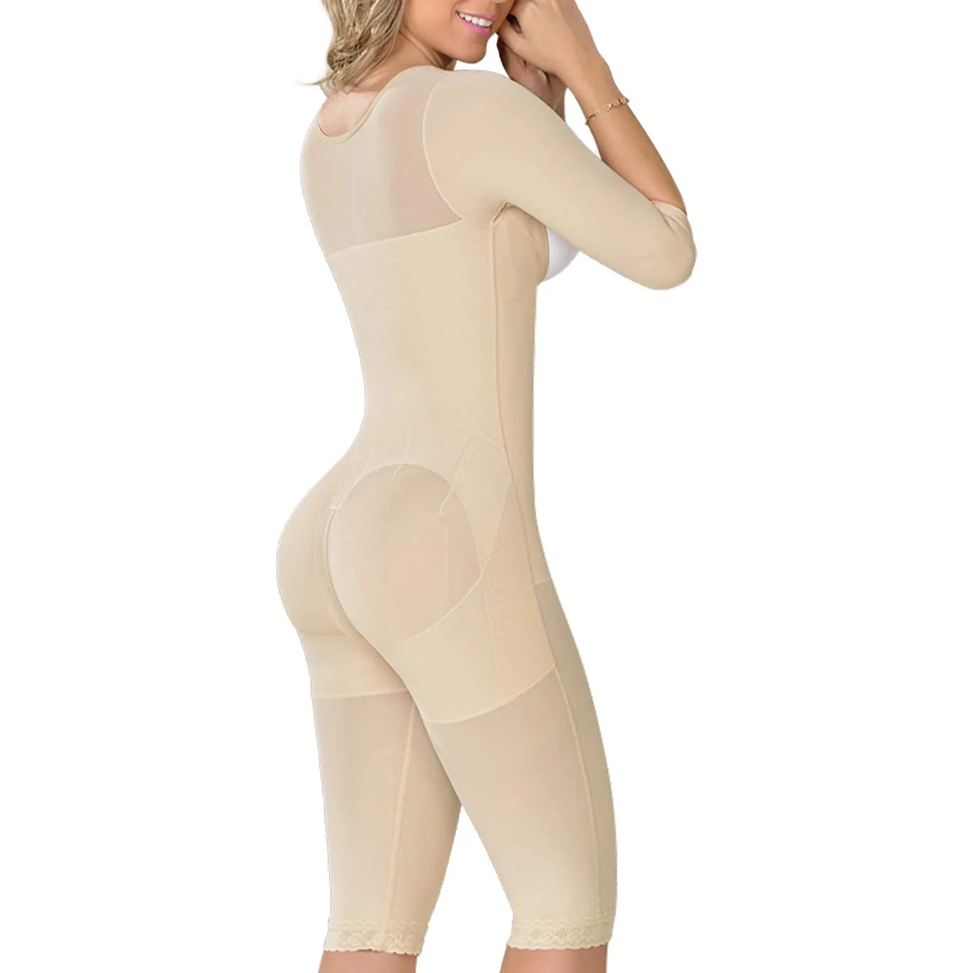 Knee Length Shaping Bodysuit Sleeves High-Back Recovery Compression Garment Shapewear With Straps For Women