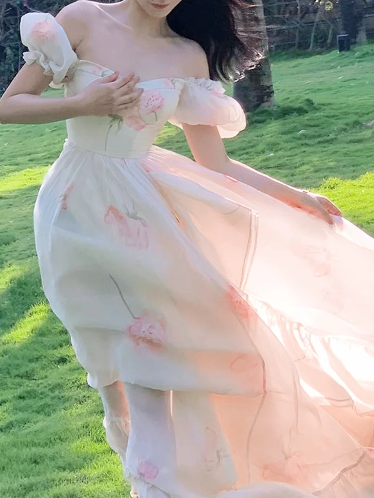 

2023 Summer Elegant Beach Floral Dress Fairy Puff Sleeve Midi Dress Office Lady Korean Fashion Evening Party Dress Holiday Chic