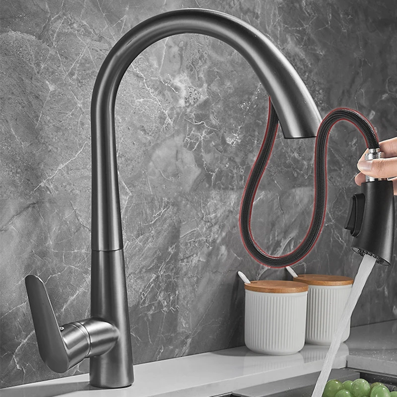 

Kitchen Pull Down Faucet Stainless Steel Sink Mixer Kitchen Accessories 304 Vanity Crane Swan Pull Out Hot and Cold Water Tap
