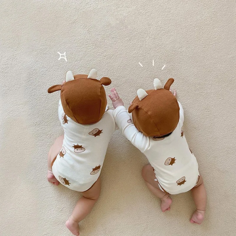 Criscky Fashion 2pcs Outfits Spring Newborn Baby Girl Bodysuit Infant Kids Clothes Boys Cartoon Cute Cow Jumpsuit With Hat