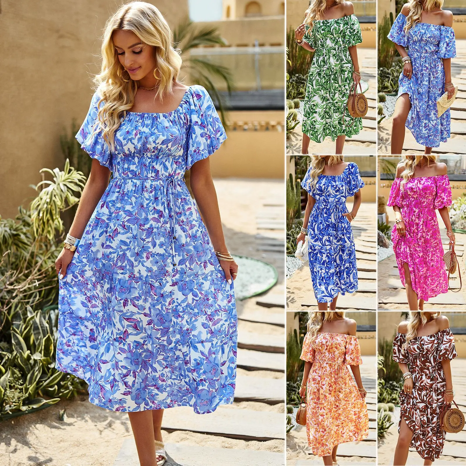 

Women Summer Fashion Square Collar Plant Print Waist Retraction Lace Up Fold Temperament Elegant Casual Dresss Robe Dresss