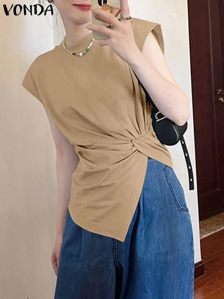 

VONDA Fashion Blouses Women Short Sleeve Irregular Hem Twist Elegant Shirts 2023 Summer O-Neck Casual Solid Color Party Tops