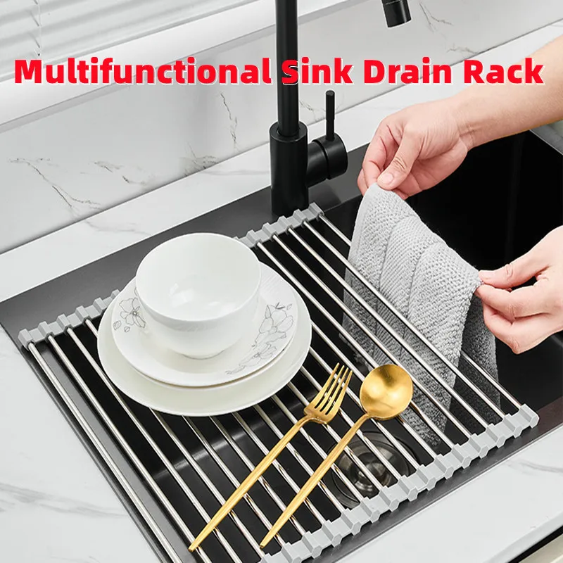 

Multifunctional Kitchen Over The Sink Drain Rack Stainless Steel Storage Organizer Gadgets Accessories Drain Basket