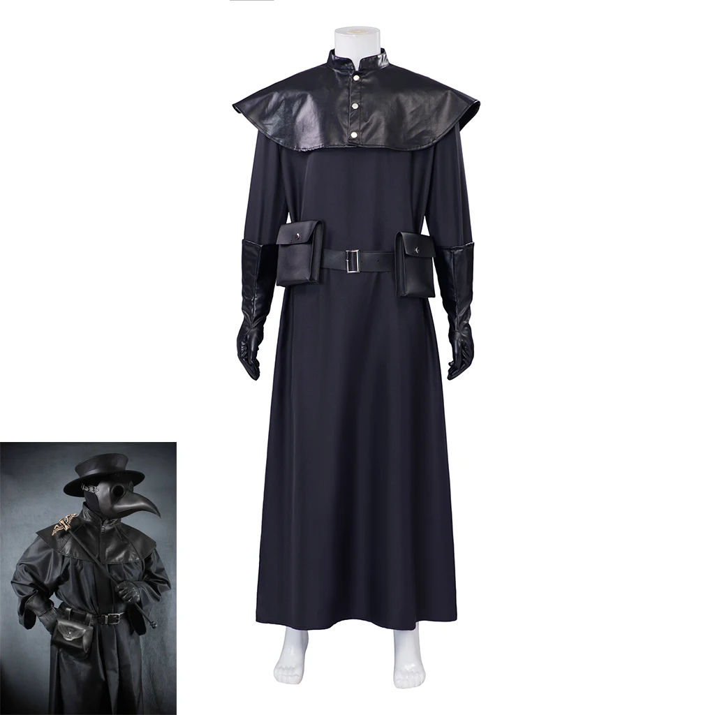 Костюм чумного доктора черный длинный халат перчатки для взрослых монах косплей
