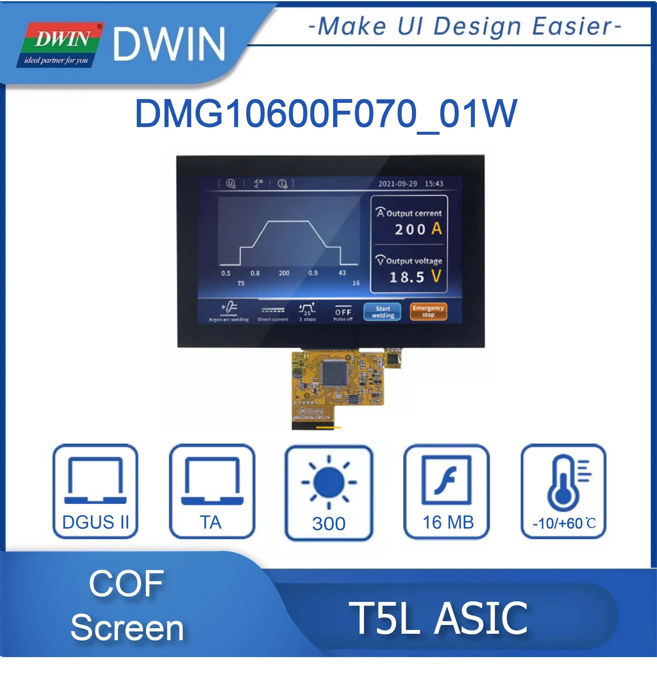 DWIN 7 Inch COF Structure 1024*600 Resolution IPS-TFT-LCD, Capacitive Touch Screen,  Optional TP Appearance of Black, White