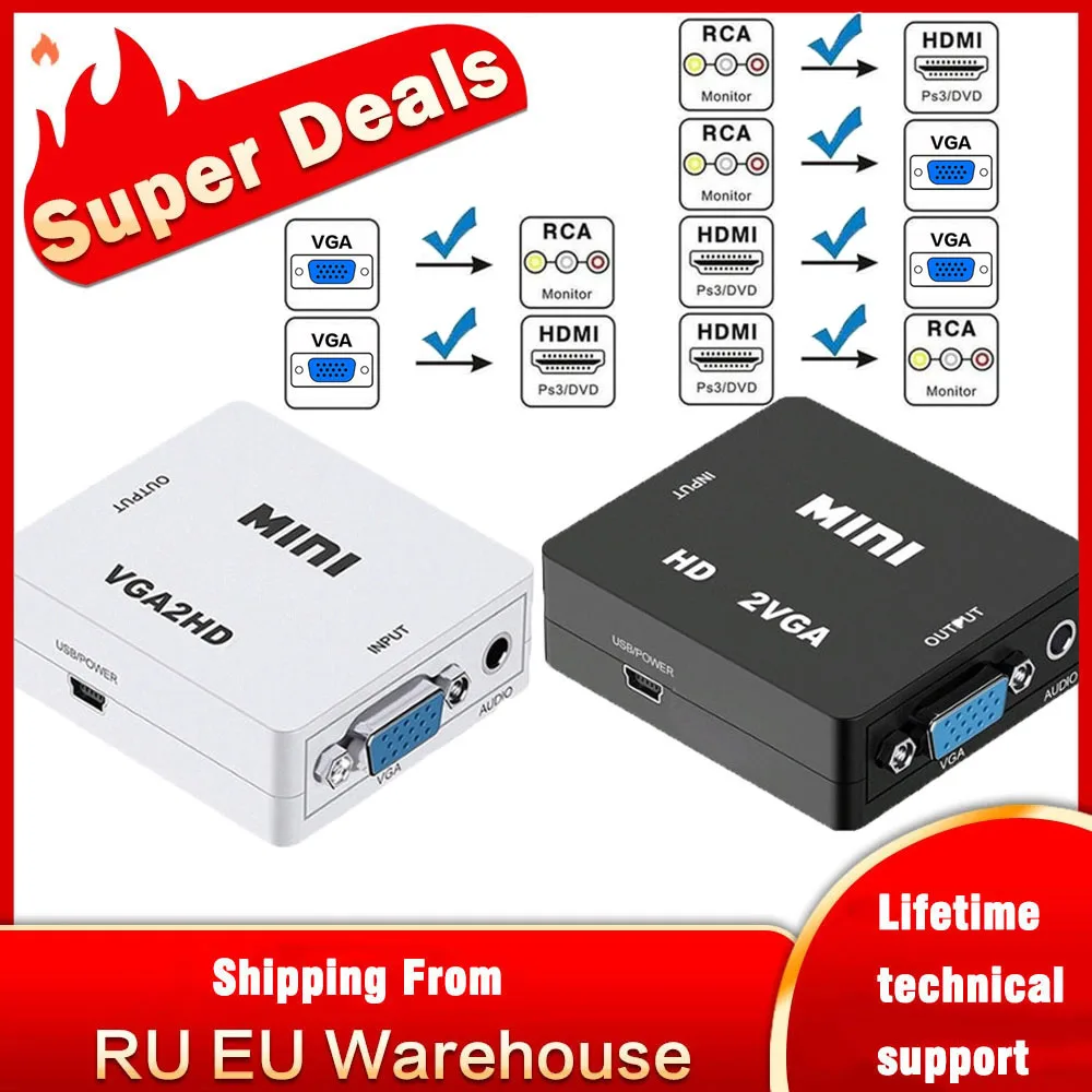 

Преобразователь AV-совместимый с HDMI, AV/CVSB L/R видеобокс HD 1080P AV2HD поддержка NTSC PAL выход HDMI-совместимый преобразователь VGA