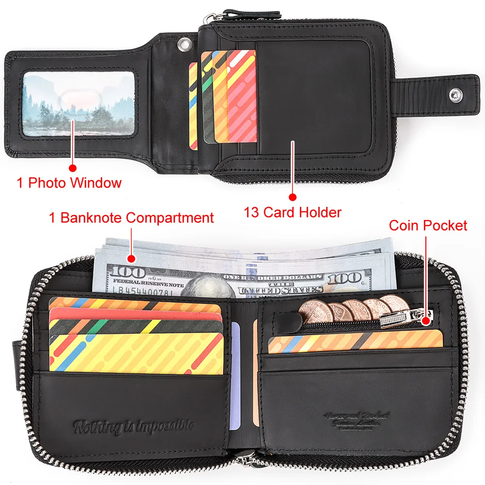 Мужской кошелек KAVIS из 100% натуральной кожи с цепочкой двойной складной на молнии