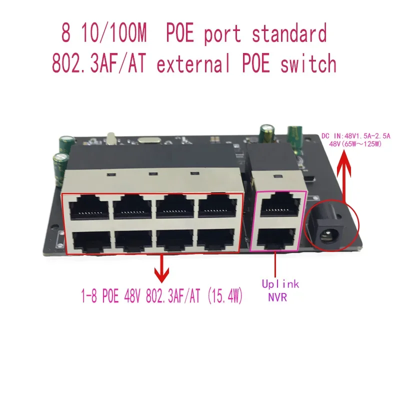 8-портовый стандартный протокол 802.3AF/AT Poe 48 В 100 Мбит/с UP Площадь ссылки 2-портовый PoE