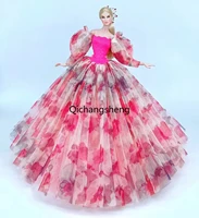 30cm hot pink floral puff sleeve wedding dresses for barbie doll clothes for barbie princess dress 16 accessories outfits gown