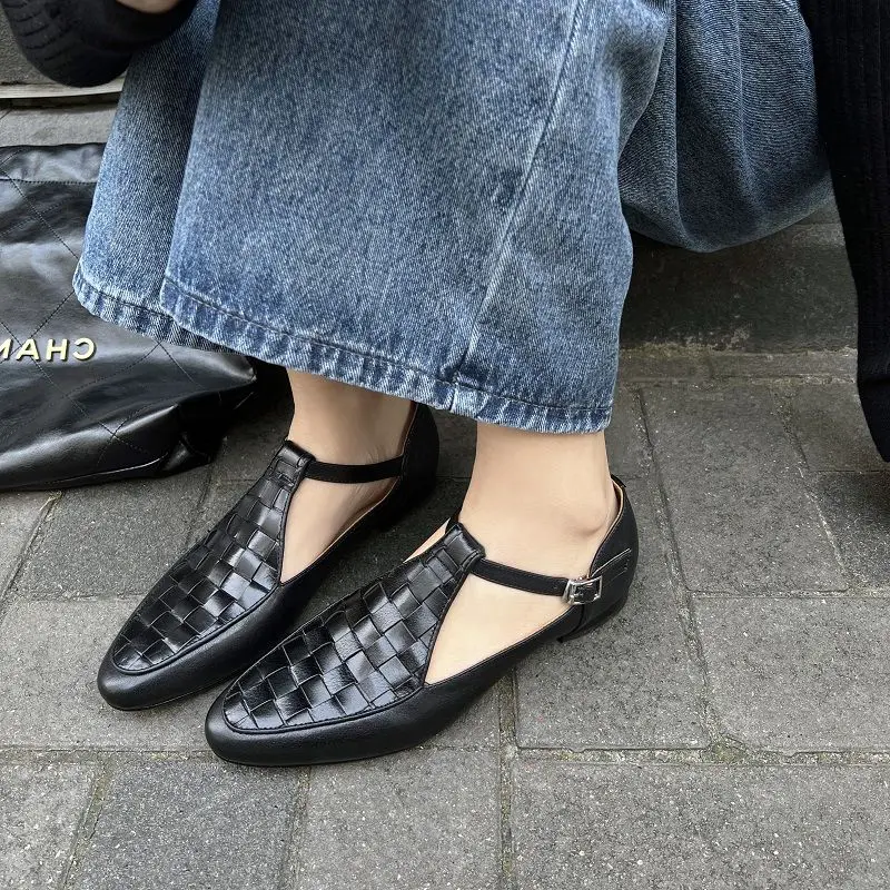 

Cowhide Retro Mary Janes None Slip French Style Women Basic Shoes With Buckle Women Shoes Pointed Toe Soft Leather Weave Flats