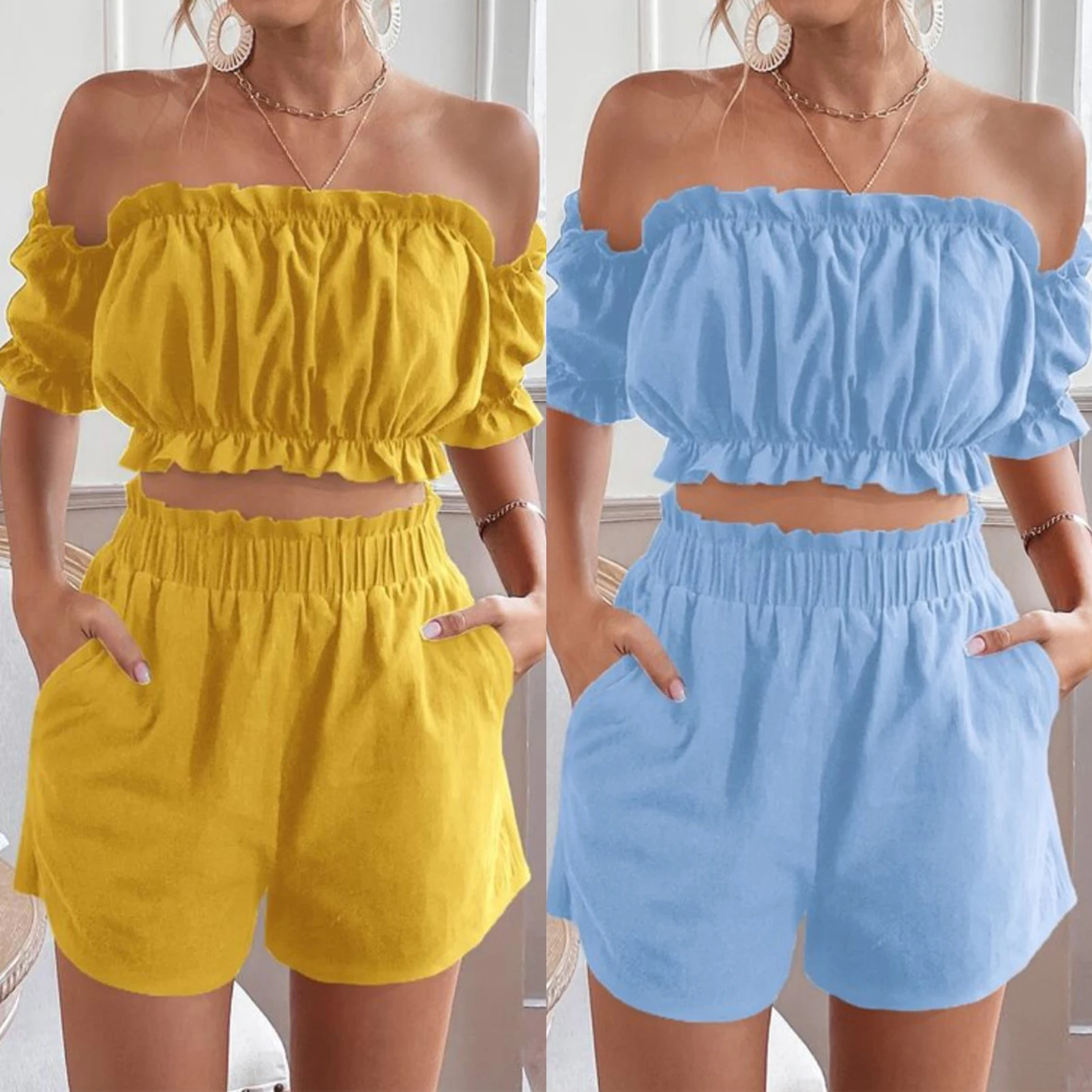 

Women Crop Top+Shorts Off-Shoulder Ruffled Ladies Tops Shorts Set Pleated 2pcs Casual Summer Fashion Cropped Tracksuit New 2023
