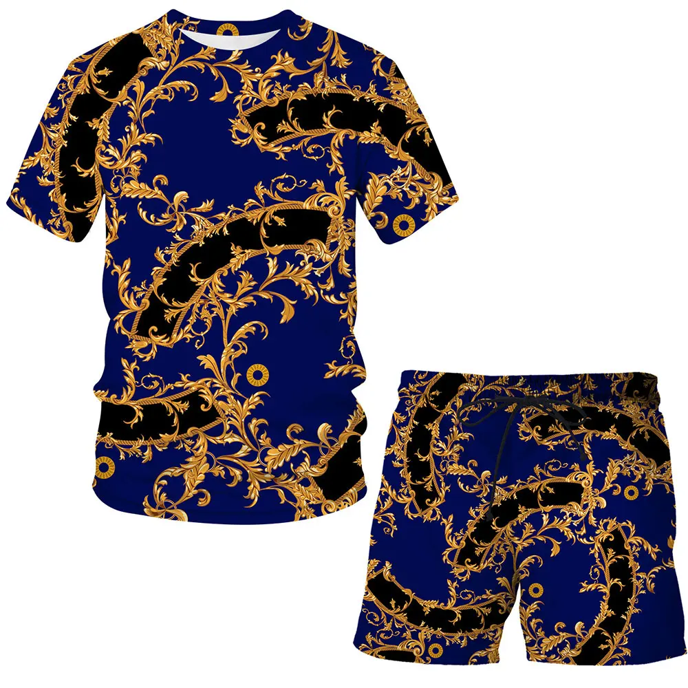 

Fashion set men's t-shirt + pants 2 piece sets casual 3D print Crown gold flower sportswear summer new men/women board shorts