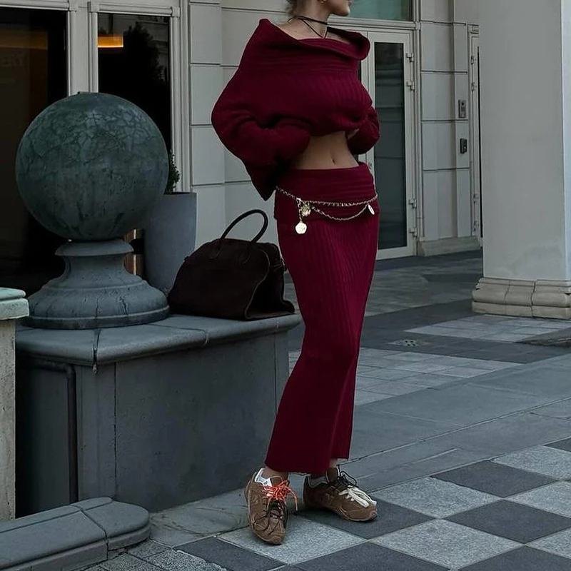 Fashion Slim Winter Outfit Chic Women Long Sleeve One Shoulder Jumpers&ampLong Skirts Sets Elegant Solid 2Pcs Party Knitted Suit