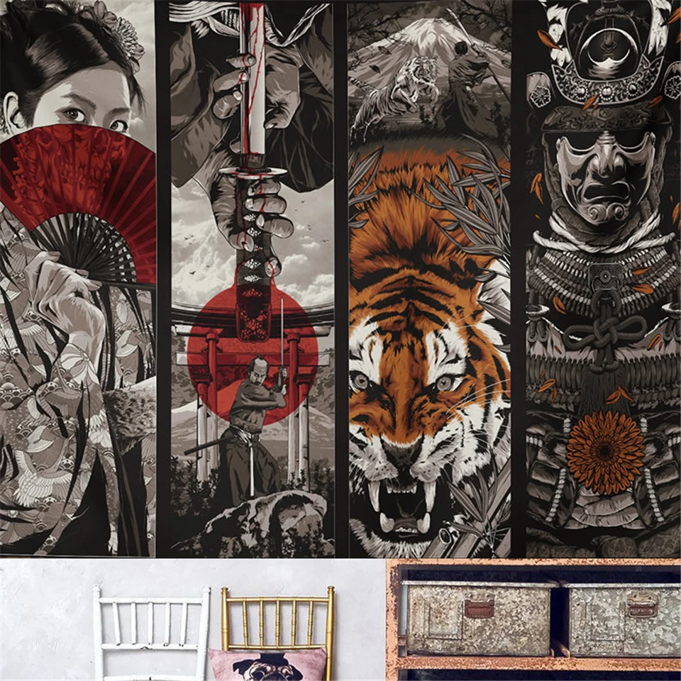 

Japanese Style Samurai Sword Japanese Geisha Tiger Tapestry Wall Hanging Dorm Decor Large Wall Tapestry Picnic Beach Blanket Mat