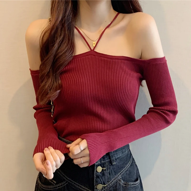 

Harteen Slim Without Shoulder Halter Sweater Long Sleeve Top Female Black Knitted Short Tops Solid All-match Girl Crop Sweaters