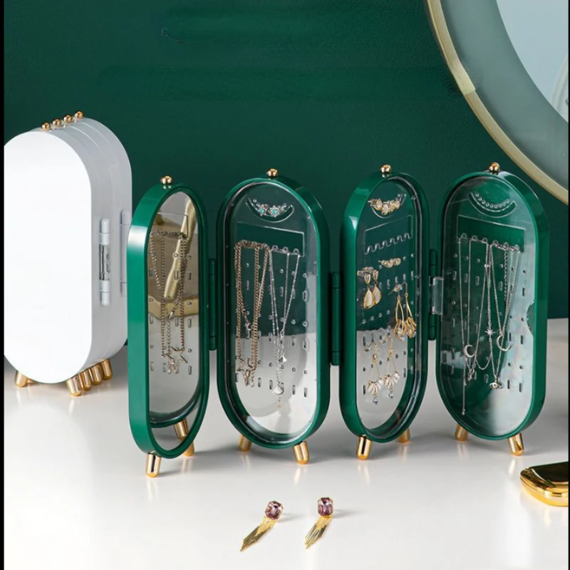 Desktop Jewelry Storage Box Portable Folding Dustproof Earrings Rings Necklaces Rack Display Holder Case for Women Organizer