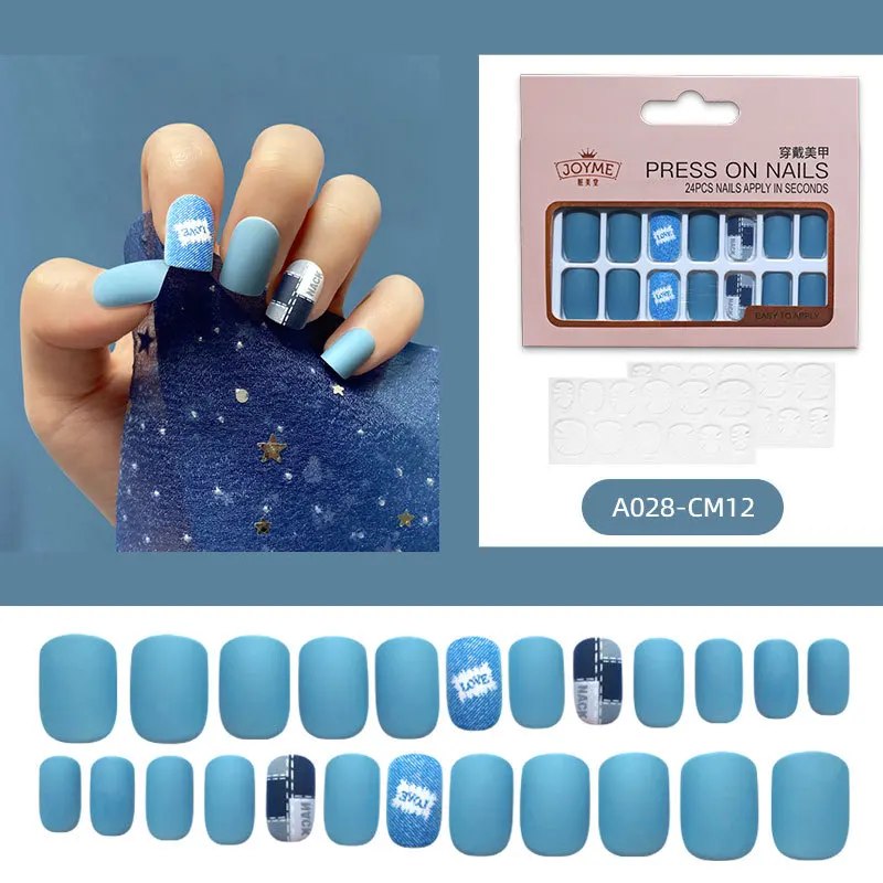 

24 PCS Classic French square false nails naked natural nails artistic and exquisite pressure head style sea blue girls' nails