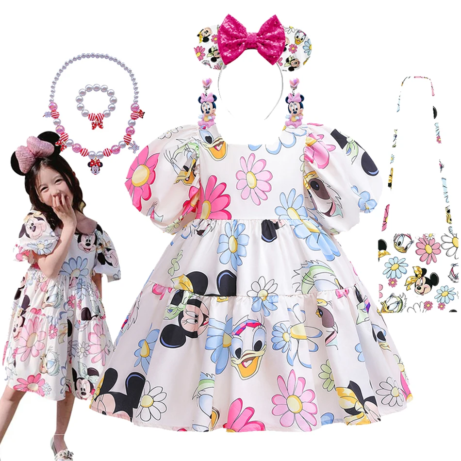 

New Disney Mickey Mouse Daisy Baby Girl Cute Princess Dresses Kid Casual Dress Backless Toddler Cartoon Puff Sleeve Clothes 2-8T