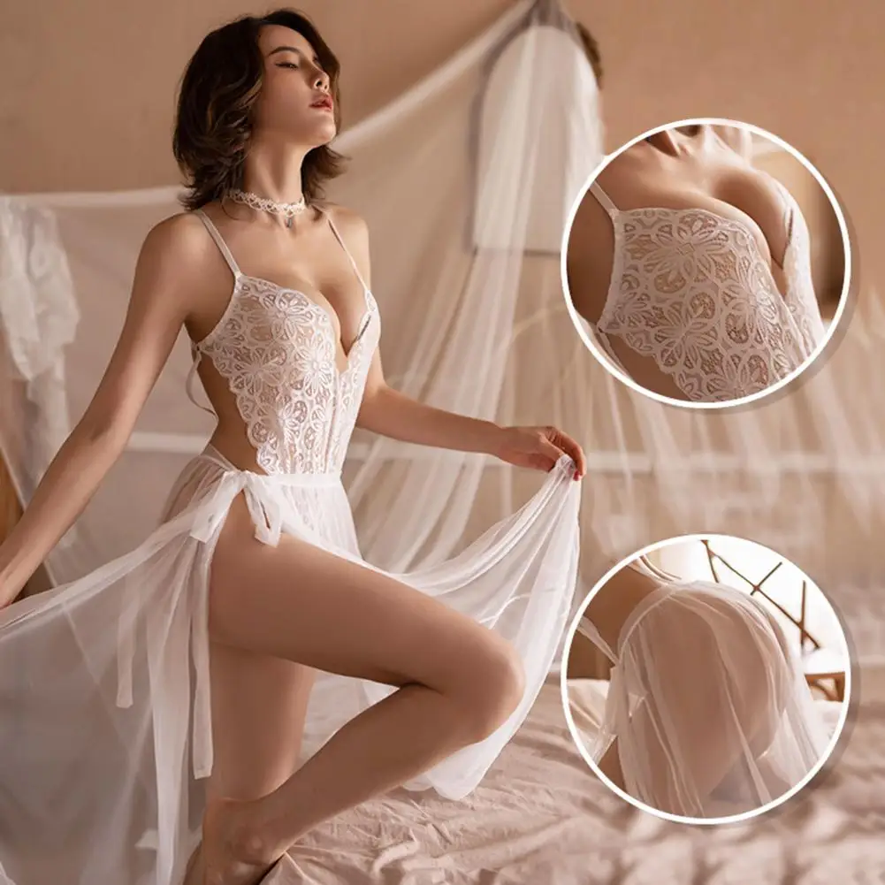 

2Pcs/set V-Neck Backless Sling Briefs Cutting Sexy Sleepwear See-through Crochet Floral Lace Bodysuit Underwear With Cover Up