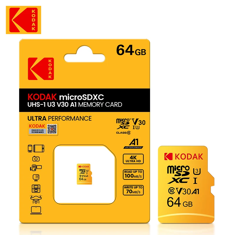 Карта памяти Kodak Micro SD 64 ГБ TF-карта U3 A1 V30 карта 100 Мб скорость чтения 4K запись видео -