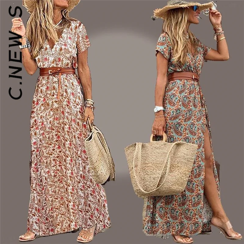 C.New S Summer Belt Large Hem Beach Dress Long Dress Fashion V Neck Short Sleeve Paisley Print Dresses Elegant Maxi Dress