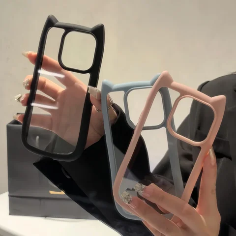 Прозрачный чехол с милыми кошачьими ушками для iPhone 17Air 12 13 14 15 16 Pro Max 11, противоударная акриловая задняя крышка, силиконовый кавайный чехол