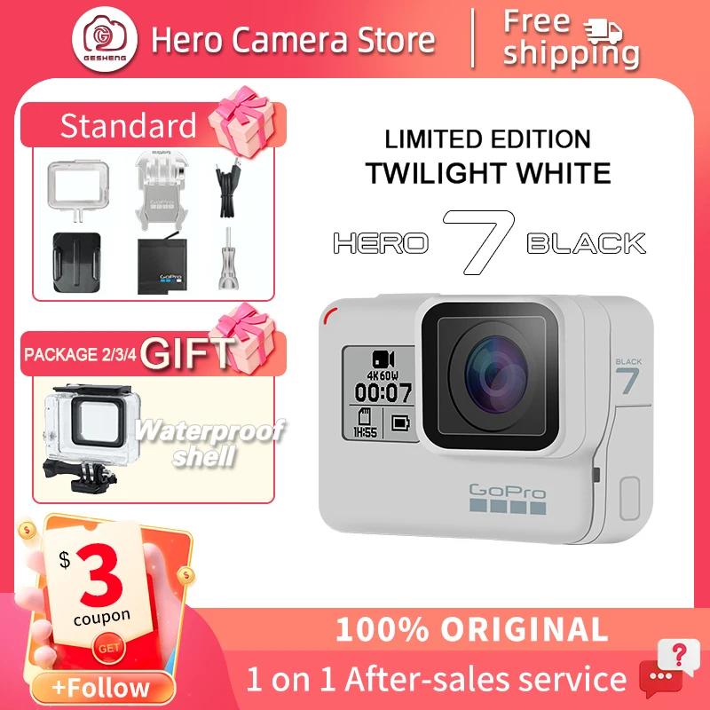 Экшн-Камера GoPro HERO7 Black (Dusk White), 4K 60fps, 12 МП, ограниченная серия, оригинальная vlog live, для велошлема