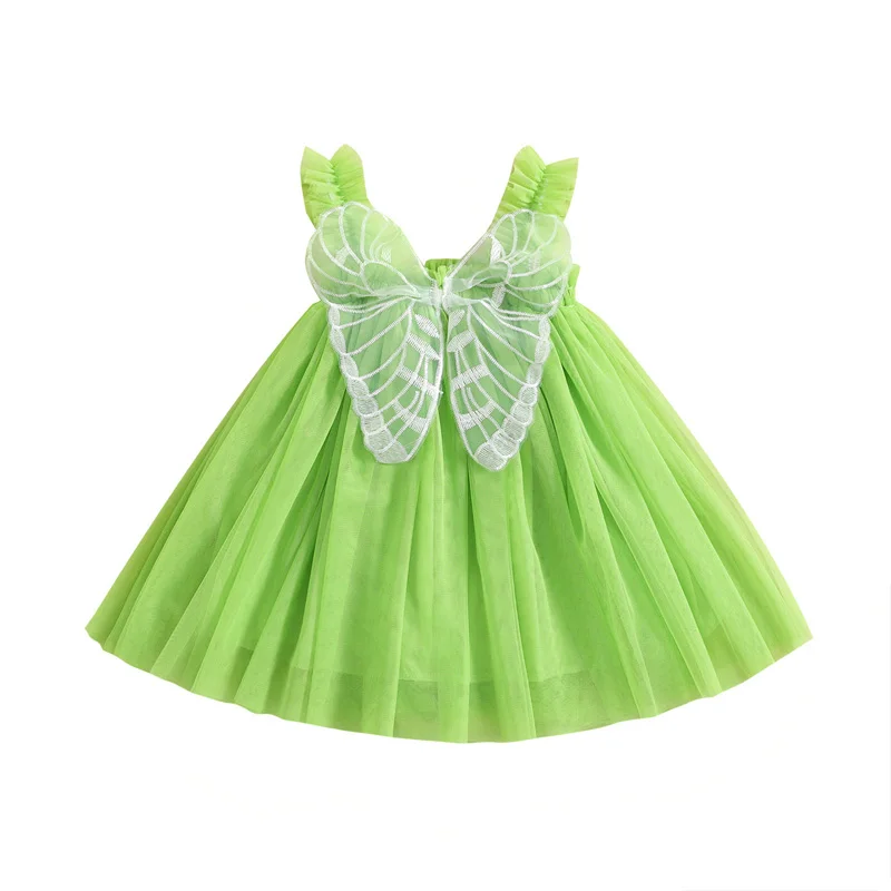 Newborn Toddler Baby's Clothes Girls Tulle Dress Green Sleeveless Princess Dress with Butterfly Decor Layered Summer Skirts